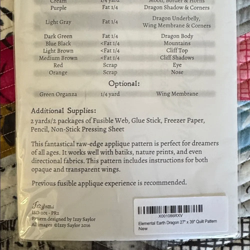 Elemental Earth Dragon Quilt Pattern Wallhanging Appliqué NWT by Izzyisms